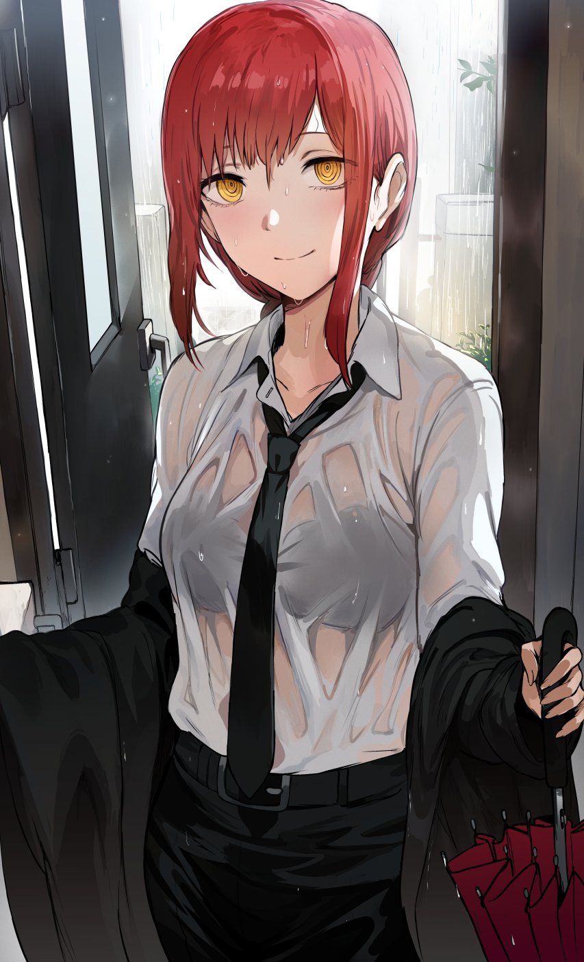 1girl bangs black_neckwear braid braided_ponytail breasts chainsaw_man closed_mouth collared_shirt dress_shirt hews highres long_hair long_sleeves looking_at_viewer makima_(chainsaw_man) medium_breasts necktie off_shoulder ringed_eyes shirt smile wet white_shirt