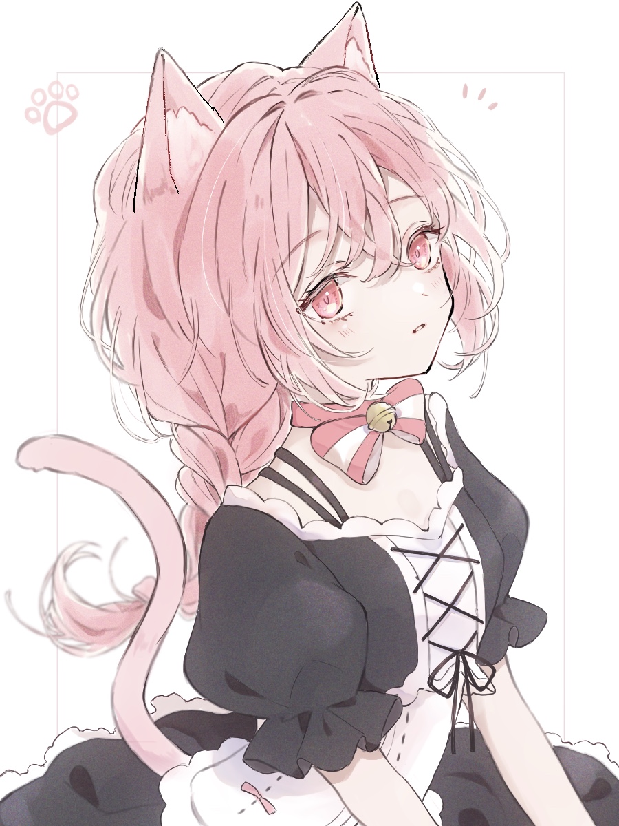 1girl animal_ears bell bell_collar bow braid cat_ears cat_girl collar highres lace lace_trim original paw_print pink_bow pink_eyes pink_hair pink_tail puffy_short_sleeves puffy_sleeves ribbon short_sleeves solo striped striped_bow tail yuni_0205