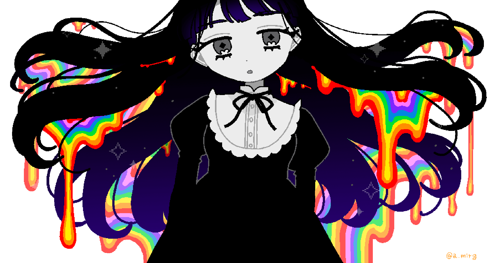 1girl a_mirg bangs black_dress black_hair colorful dress dripping floating_hair grey_eyes highres juliet_sleeves long_sleeves looking_at_viewer original parted_lips puffy_sleeves rainbow_order solo upper_body