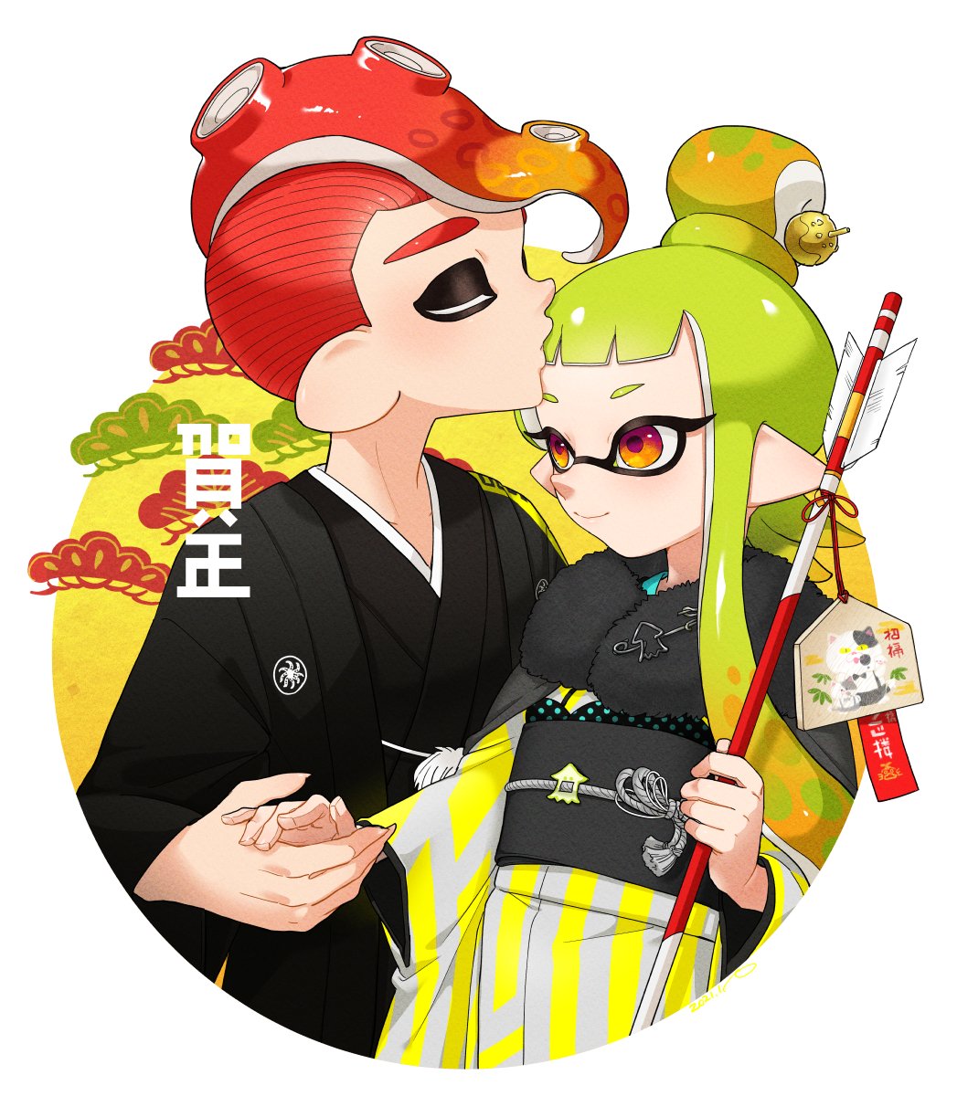 1boy 1girl alternate_hairstyle arrow_(projectile) black_kimono closed_eyes closed_mouth commentary couple domino_mask ema emblem forehead_kiss fur_scarf furisode gradient_hair green_hair hair_bun hair_ornament hair_up hairpin hamaya happy_new_year hetero highres holding holding_arrow inkling japanese_clothes judd_(splatoon) kimono kiss long_hair long_sleeves looking_at_another makeup mascara mask mohawk multicolored_hair new_year obi octoling pointy_ears red_eyes redhead sash short_hair_with_long_locks smile splatoon_(series) squid standing striped suction_cups tentacle_hair translated vertical-striped_kimono vertical_stripes wide_sleeves yellow_kimono yeneny