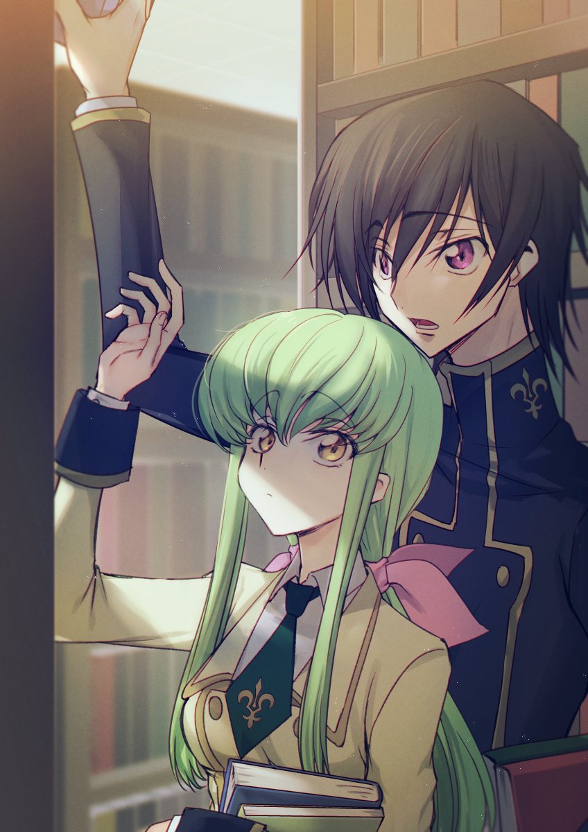 1boy 1girl arm_up ashford_academy_uniform black_hair book bookshelf c.c. code_geass creayus eyebrows_visible_through_hair green_hair height_difference highres lelouch_lamperouge library long_hair low_twintails open_mouth pink_ribbon ribbon short_hair twintails violet_eyes yellow_eyes