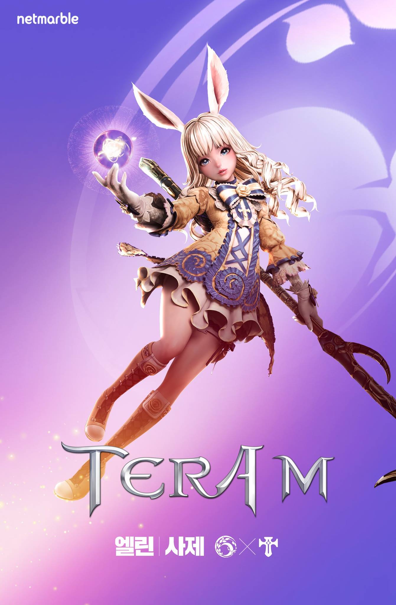 1girl 3d animal_ears arm_up artist_request blonde_hair blue_eyes boots brown_footwear copyright_name curly_hair dress elin full_body gloves highres knee_boots legs lips long_hair magic official_art outstretched_arm priest_(tera_online) purple_background rabbit_ears short_dress simple_background solo staff tera_online thighs weapon white_gloves yellow_dress