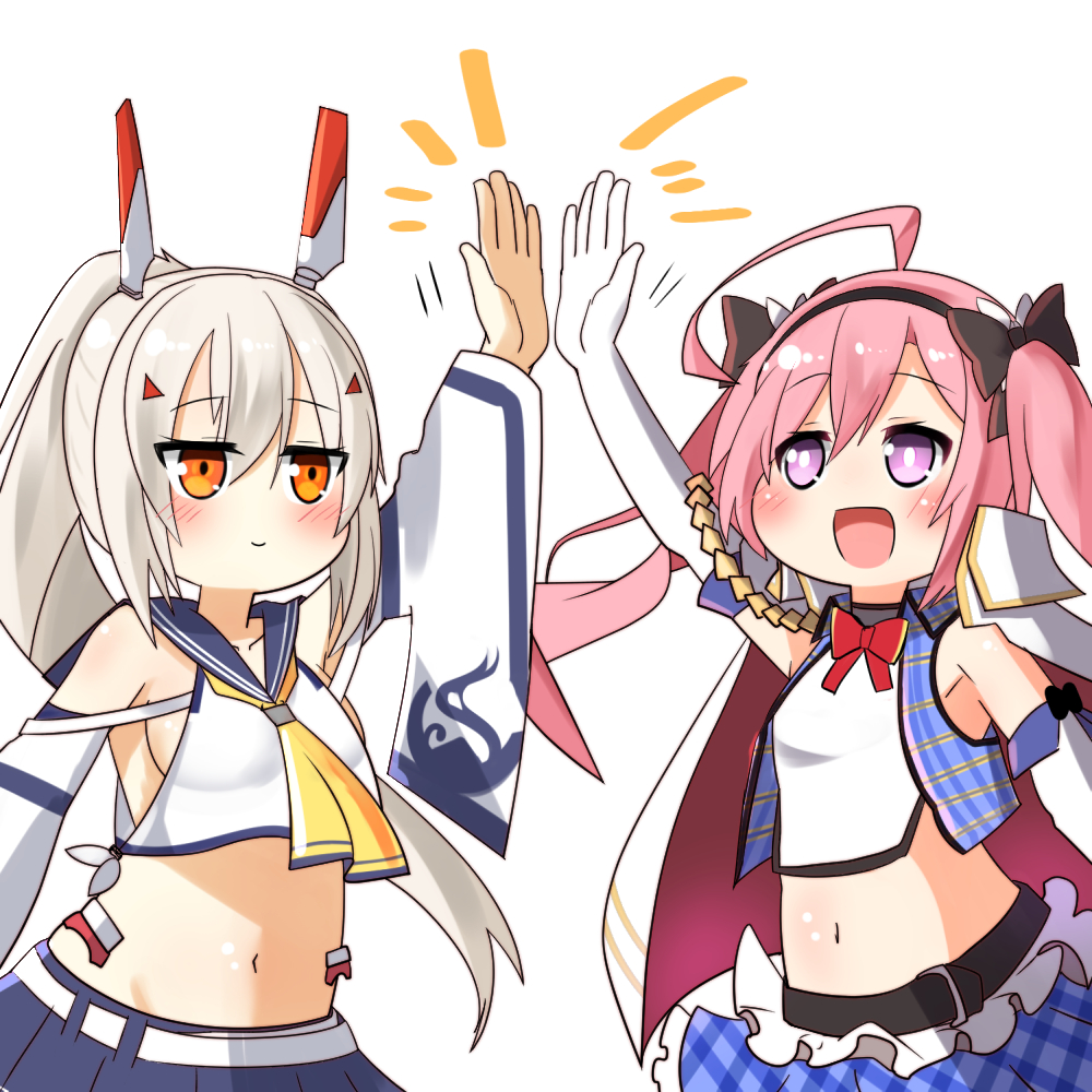 2girls :d akaoni_(zumt3548) arm_up armpits ayanami_(azur_lane) azur_lane bangs belt bow breasts cape collarbone commentary_request detached_sleeves elbow_gloves eyebrows_visible_through_hair eyes_visible_through_hair frilled_skirt frills gloves hair_bow hair_ornament hair_ribbon hairband hairclip headgear high_five long_hair looking_at_another midriff multiple_girls navel open_mouth orange_eyes pink_hair plaid plaid_skirt pleated_skirt ponytail retrofit_(azur_lane) ribbon saratoga_(azur_lane) school_uniform serafuku sideboob sidelocks silver_hair simple_background skirt slit_pupils smile twintails violet_eyes white_background white_gloves wide_sleeves