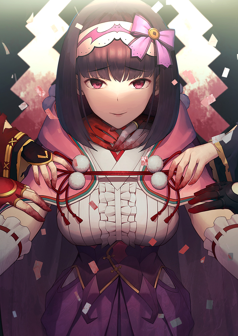 1girl bangs blood bloody_hands breasts brown_hair center_frills chair cloak detached_sleeves fate/grand_order fate_(series) frills hairband hood hoodie large_breasts long_hair looking_at_viewer osakabe-hime_(fate) out_of_frame pink_cloak smile umihotaru_harumare underbust very_long_hair violet_eyes