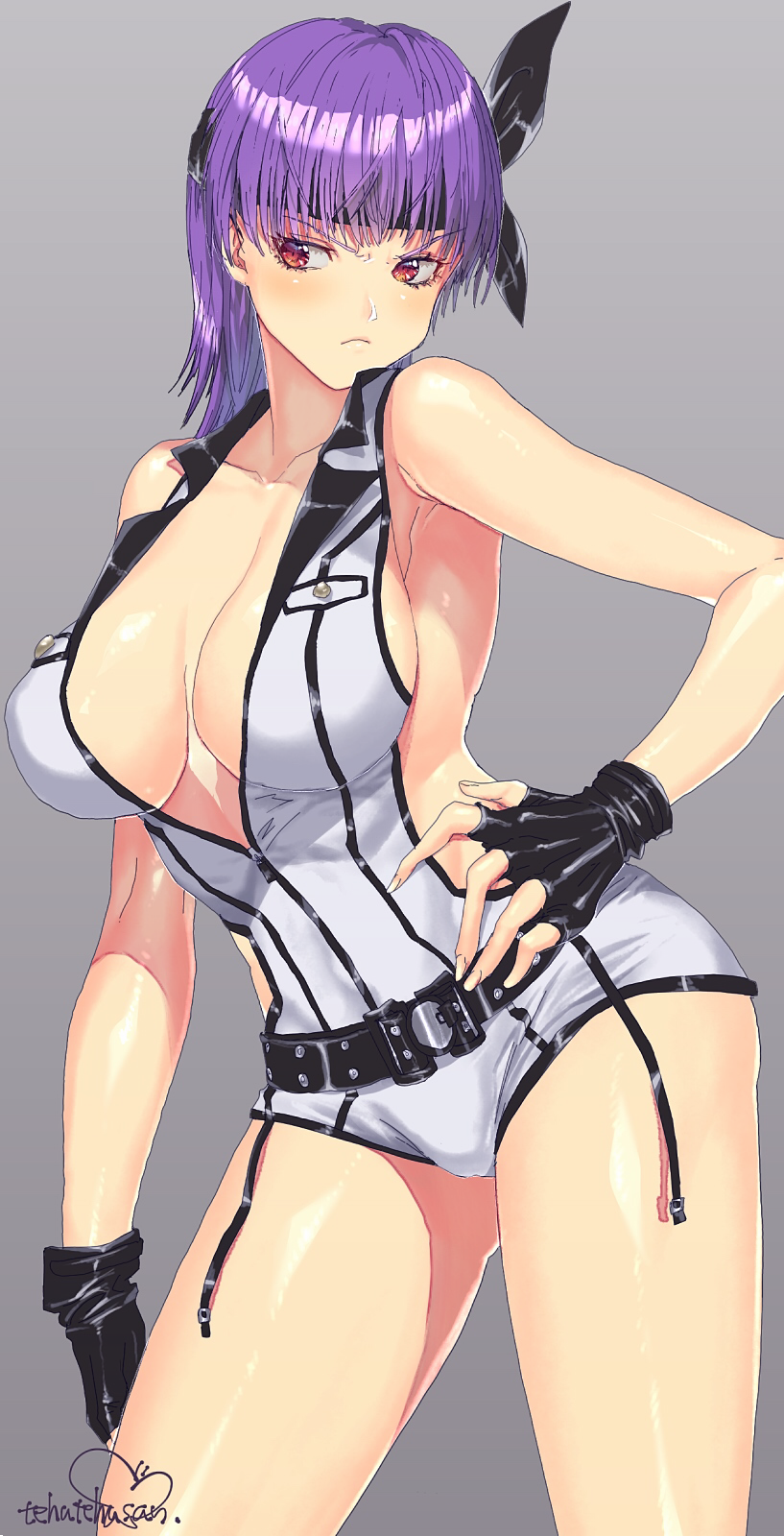 1girl ayane_(doa) blush breasts closed_mouth dead_or_alive dead_or_alive_6 fingerless_gloves gloves headband highres large_breasts murata_tefu purple_hair red_eyes short_hair simple_background solo