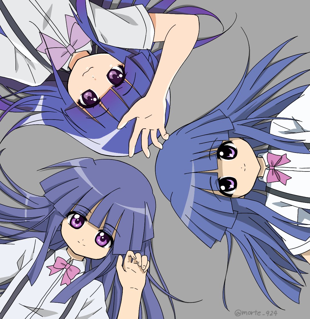 3girls :3 arm_up bangs blue_hair blunt_bangs bow bowtie circle_formation closed_mouth collared_shirt commentary eyebrows_visible_through_hair furude_rika grey_background hand_up higurashi_no_naku_koro_ni long_hair lying morte_ai multiple_girls multiple_persona on_back purple_bow purple_hair purple_neckwear school_uniform shirt short_sleeves simple_background smile suspenders twitter_username upper_body violet_eyes white_shirt