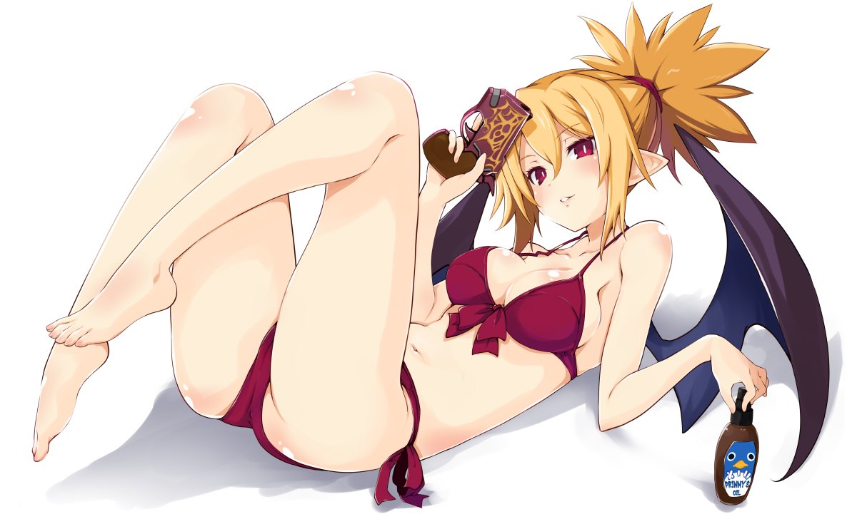 1girl bare_arms bare_legs bare_shoulders barefoot bat_wings bikini blonde_hair breasts demon_girl disgaea eyebrows_visible_through_hair full_body iwashi_dorobou_-r- looking_at_viewer makai_senki_disgaea_2 medium_breasts navel pointy_ears red_bikini red_eyes rozalin side-tie_bikini sidelocks simple_background smile solo swimsuit white_background wings