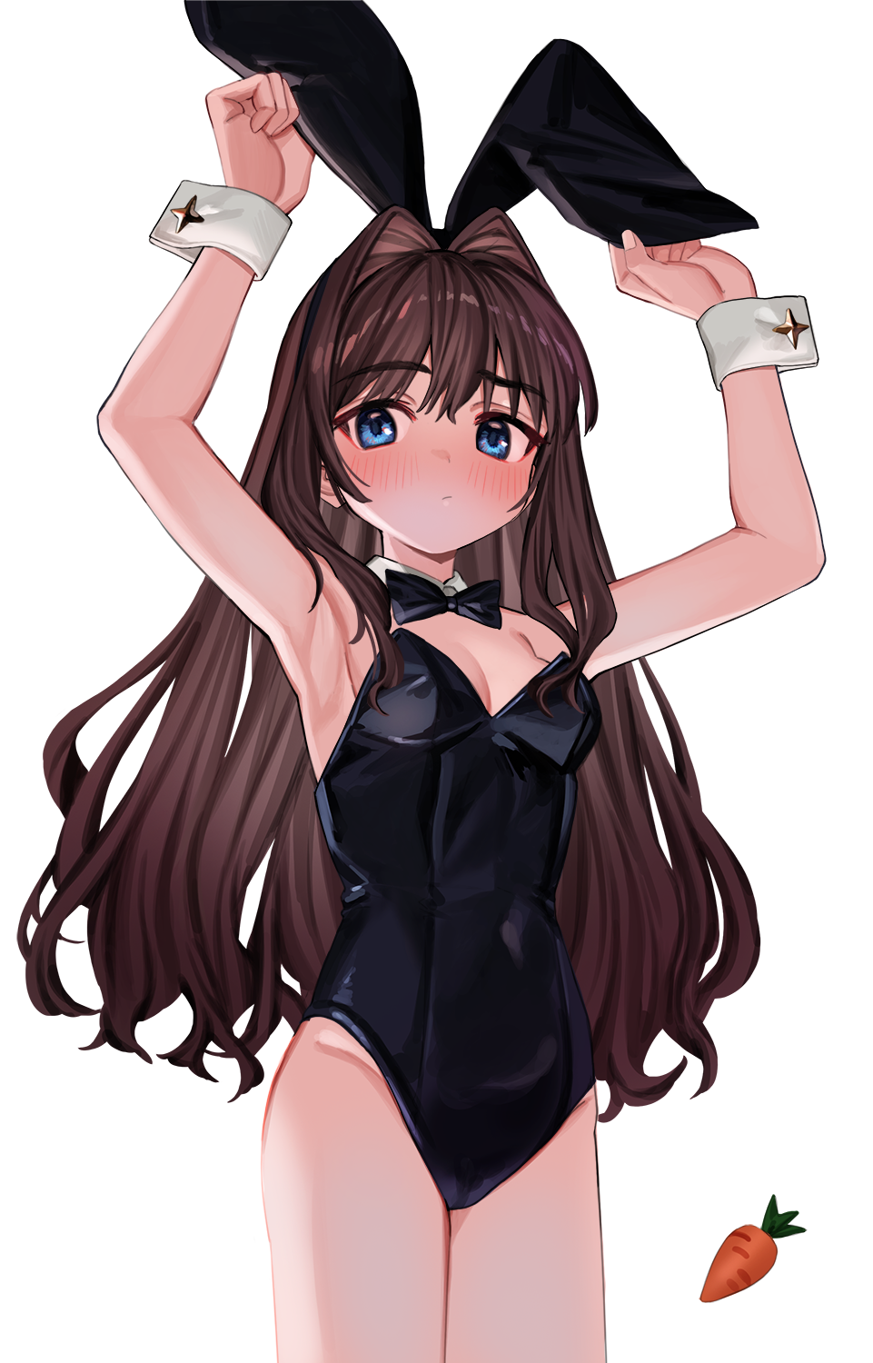 1girl animal_ears armpits arms_up bare_arms bare_shoulders black_leotard blue_eyes bow bowtie breasts brown_hair carrot closed_mouth covered_navel cowboy_shot detached_collar elisia_valfelto fake_animal_ears groin hair_intakes highres leotard long_hair looking_at_viewer luicent no_bra original playboy_bunny rabbit_ears raised_eyebrow simple_background small_breasts solo standing strapless strapless_leotard thighs white_background wrist_cuffs