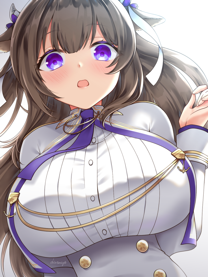 1girl animal_ears artist_name azur_lane blush breasts brown_hair capelet cow_ears cow_girl cow_horns double-breasted ebino_mayo from_below horns huge_breasts jacket kashino_(azur_lane) long_hair looking_at_viewer looking_down open_mouth sakura_empire_(emblem) shirt solo tongue violet_eyes white_capelet white_jacket white_shirt