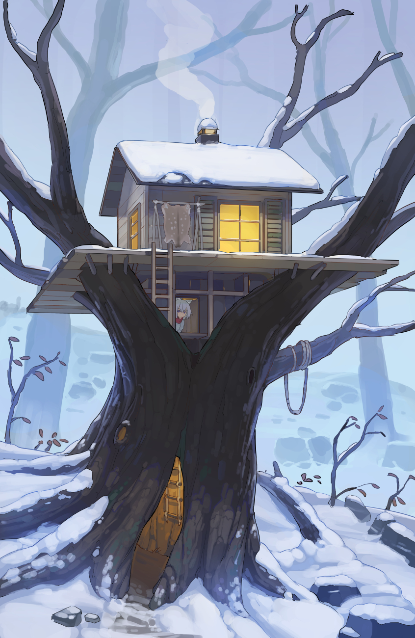 1girl animal_ears character_request commentary copyright_request english_commentary highres hks_(timbougami) house ladder peeking_out scenery snow solo treehouse white_hair window winter