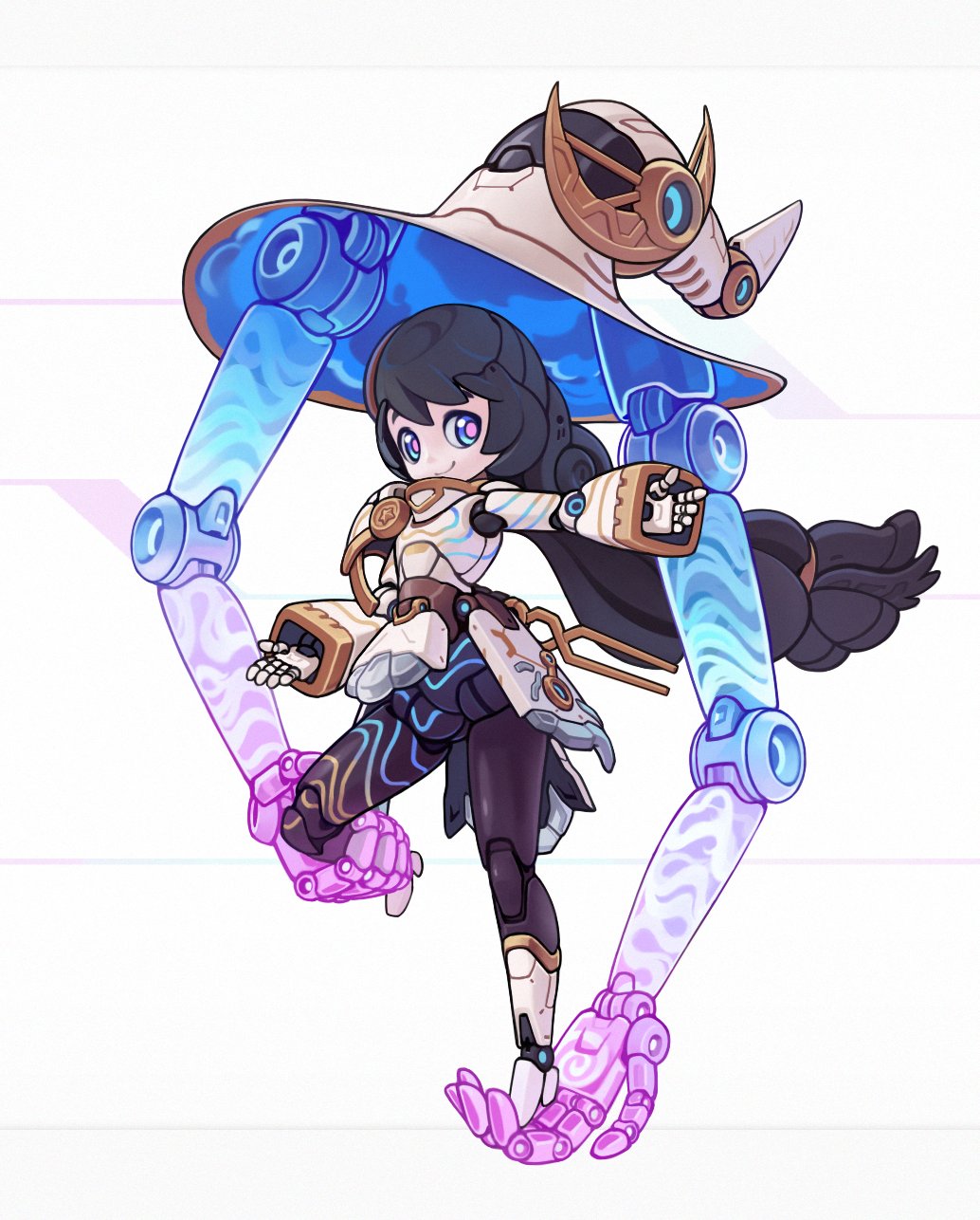 1girl android black_hair blue_eyes borrowed_character english_commentary extra_arms full_body hat highres joints long_hair looking_at_viewer lordyanyu mechanization original pink_pupils portal_(object) robot_joints simple_background smile solo very_long_hair witch_hat