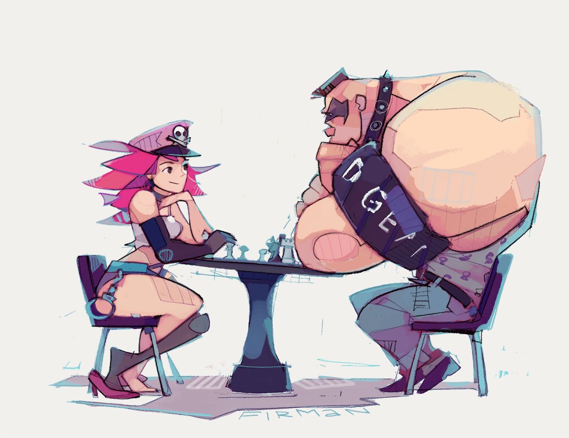 abigail_(final_fight) belt blue_shorts board_game chair chess chess_piece final_fight happy high_heels michaelfirman muscular muscular_male pink_hair playing_games poison_(final_fight) shirt shorts street_fighter t-shirt table thinking tire transgender white_background
