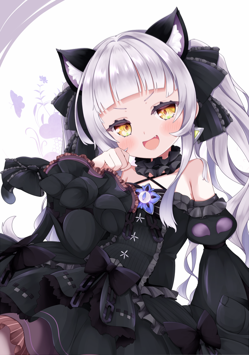 1girl :d animal_ear_fluff animal_ears bangs bare_shoulders black_dress black_sleeves blunt_bangs blush bow bowtie brooch cat_ears cat_girl cat_tail center_frills choker cocozasa commentary cowboy_shot criss-cross_halter detached_sleeves dress dress_bow dutch_angle fang fangs flat_chest frilled_choker frilled_dress frilled_ribbon frills gothic_lolita hair_ribbon halter_dress halterneck highres hololive jewelry juliet_sleeves layered_dress lolita_fashion long_hair long_sleeves looking_at_viewer murasaki_shion open_mouth paw_pose pinstripe_dress puffy_sleeves ribbon short_eyebrows sidelocks silver_hair sleeveless sleeveless_dress smile solo star_(symbol) tail tail_bow tail_ornament twintails v-shaped_eyebrows virtual_youtuber wide_sleeves yellow_eyes