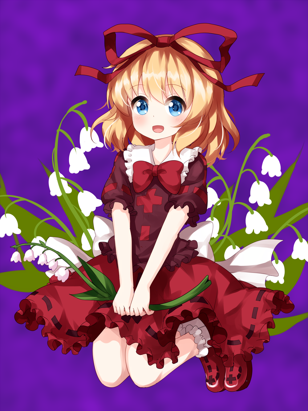 1girl bangs black_ribbon blonde_hair blue_eyes bow bowtie eyebrows_visible_through_hair flower full_body hair_ribbon highres holding holding_flower legs_up lily_of_the_valley looking_at_viewer medicine_melancholy open_mouth petticoat purple_background red_bow red_footwear red_neckwear red_ribbon red_skirt ribbon ribbon-trimmed_shirt ribbon-trimmed_skirt ribbon_trim ruu_(tksymkw) short_sleeves skirt smile solo touhou white_flower white_legwear