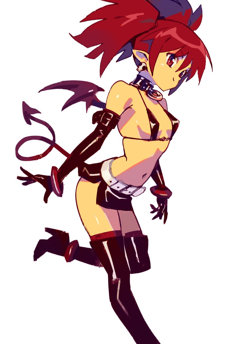 1girl bare_shoulders bat_wings belt bikini bikini_top boots bracelet breasts buckle choker demon_girl demon_tail disgaea earrings elbow_gloves etna eyebrows_visible_through_hair gloves highres jewelry leather mini_wings miniskirt navel o-ring o-ring_choker optionaltypo pointy_ears red_eyes redhead sidelocks skirt skull_earrings small_breasts smile solo swimsuit tail thigh-highs thigh_boots twintails white_background white_belt wings zettai_ryouiki