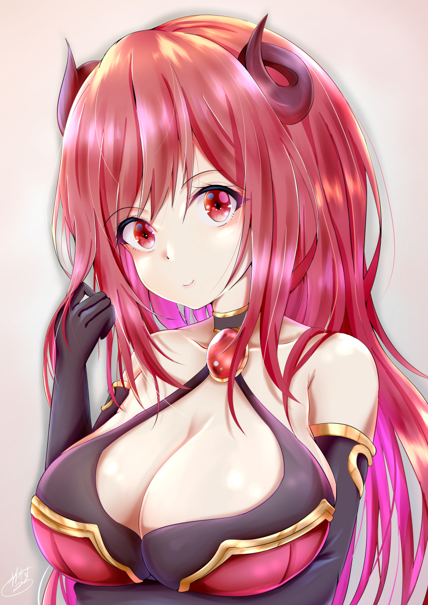 1girl absurdres bangs bare_shoulders black_gloves breast_hold breasts cleavage closed_eyes collarbone demon_girl demon_horns detached_sleeves elbow_gloves eyebrows_visible_through_hair gloves hair_between_eyes highres horns huge_breasts io_(princess_connect!) jewelry long_hair looking_at_viewer princess_connect! princess_connect!_re:dive red_eyes redhead signature simple_background smile solo takemura_kou