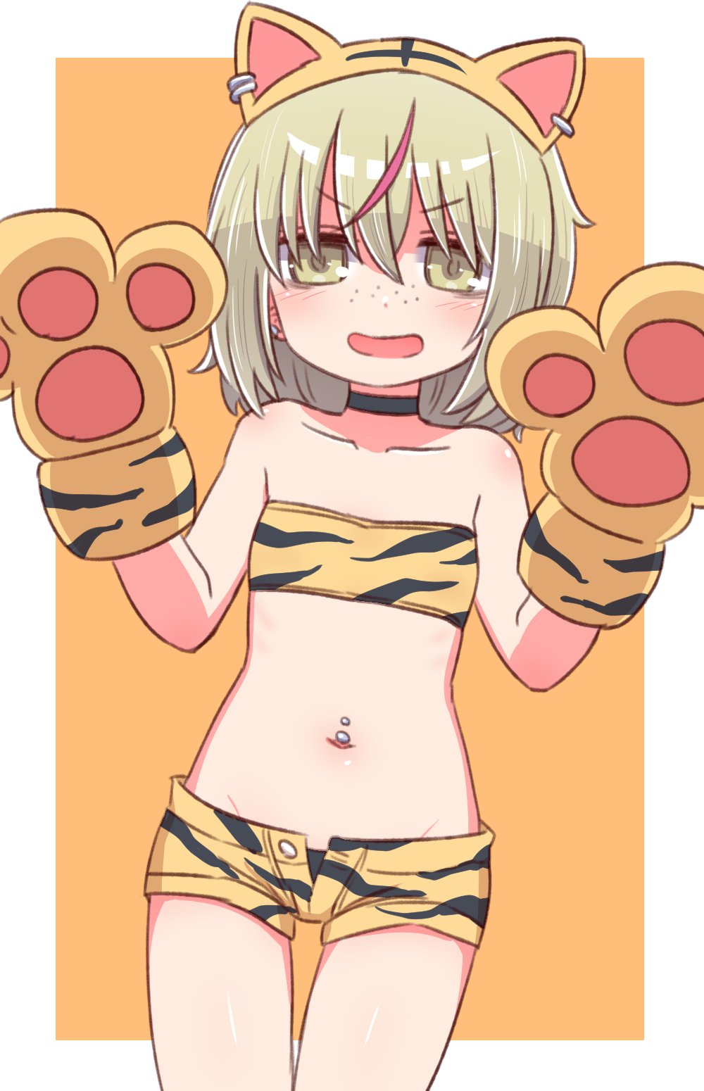 1girl :d animal_ears animal_print bandeau bangs bare_shoulders black_choker blush brown_background brown_eyes brown_hair character_request choker collarbone commentary_request ear_piercing eyebrows_visible_through_hair fake_animal_ears freckles gloves groin hair_between_eyes hairband highres looking_at_viewer multicolored_hair naga_u navel navel_piercing open_clothes open_fly open_mouth open_shorts paw_gloves paws piercing print_gloves redhead short_shorts shorts smile solo strapless streaked_hair thigh_gap tiger_ears tiger_print toranoana two-tone_background white_background yellow_gloves yellow_hairband yellow_shorts