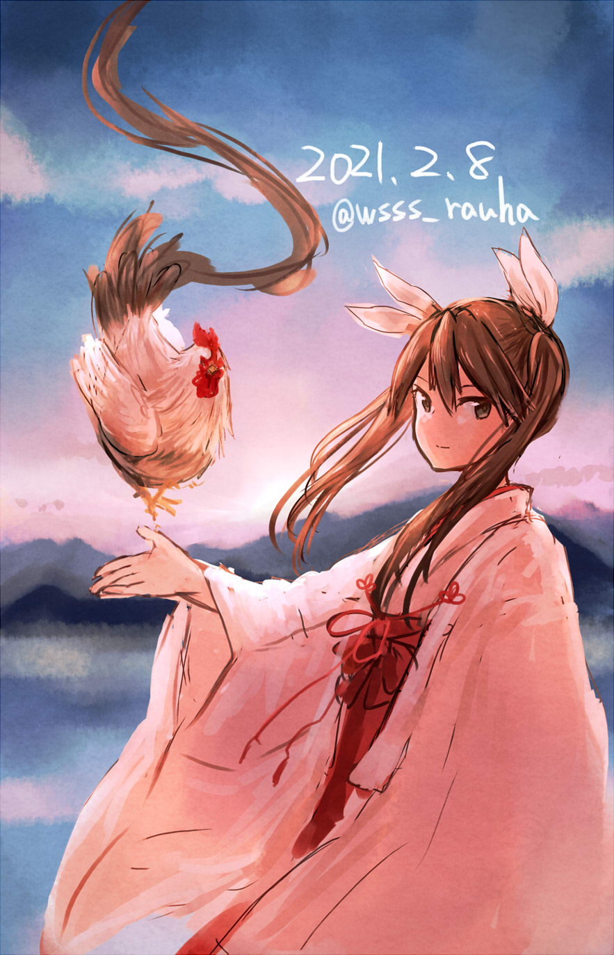 1girl bird brown_hair chicken commentary_request cowboy_shot dated hair_between_eyes hair_ribbon hakama highres japanese_clothes kantai_collection kimono long_hair looking_at_viewer miko mountain red_hakama ribbon ribbon-trimmed_sleeves ribbon_trim rooster scenery sunrise tone_(kancolle) twintails twitter_username white_kimono wide_sleeves wss_(nicoseiga19993411)
