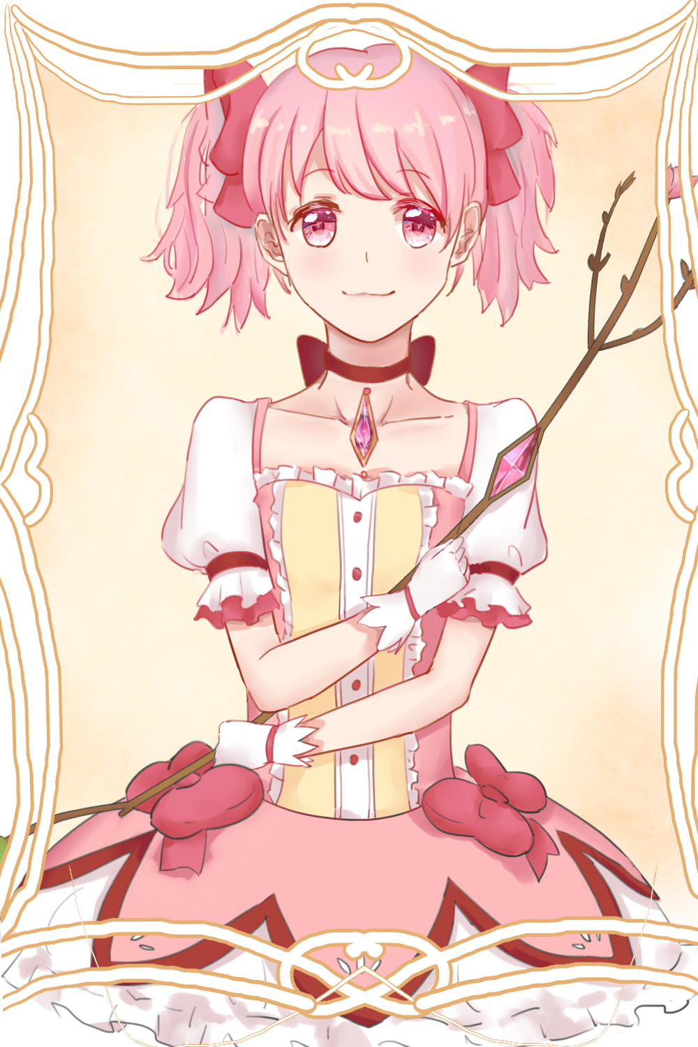 1girl bubble_skirt choker gloves hair_ribbon highres kaname_madoka magical_girl mahou_shoujo_madoka_magica missholmes pink_eyes pink_hair ribbon short_hair short_twintails skirt smile solo twintails white_gloves white_legwear