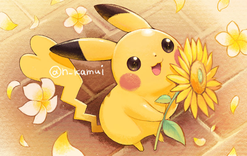 artist_name brown_eyes commentary_request flower from_above gen_1_pokemon holding holding_flower looking_up n_kamui open_mouth petals pikachu pokemon smile standing tongue yellow_flower