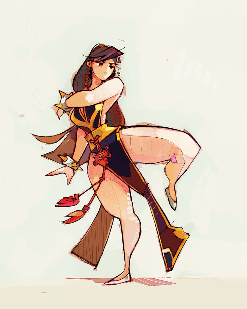 action alternate_costume alternate_hairstyle bracelet china_dress chinese_clothes chun-li dress jewelry leg_lift long_hair looking_to_the_side michaelfirman spiked_bracelet spikes street_fighter thighs white_background