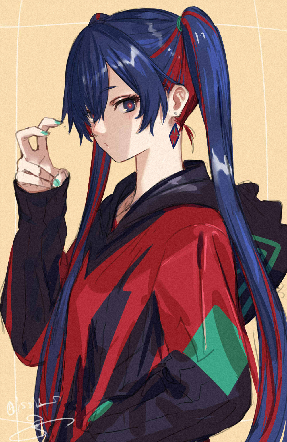 1girl alternate_hair_length alternate_hairstyle bent_v black_jacket blue_eyes blue_hair blue_nails closed_mouth colored_inner_hair commentary diamond_earrings earrings from_side hand_in_pocket hand_up highres hood hooded_jacket isshiki_(ffmania7) jacket jewelry kamitsubaki_studio light_blush long_hair long_sleeves multicolored_clothes multicolored_eyes multicolored_hair multicolored_jacket red_eyes red_jacket redhead rim_(kamitsubaki_studio) simple_background solo symbol-only_commentary twintails upper_body virtual_youtuber yellow_background yellow_pupils