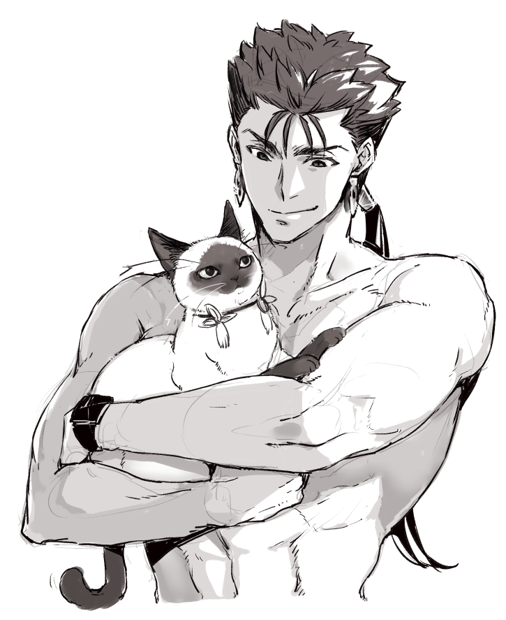 1boy 1other animal animalization archer beads biceps cat closed_mouth collarbone cu_chulainn_(fate)_(all) earrings emiya_shirou fate/stay_night fate_(series) grin hair_beads hair_ornament holding holding_animal jewelry lancer long_hair looking_at_another looking_down male_focus monochrome muscular ponytail shibanui shirtless siamese_cat simple_background sketch smile spiky_hair white_background