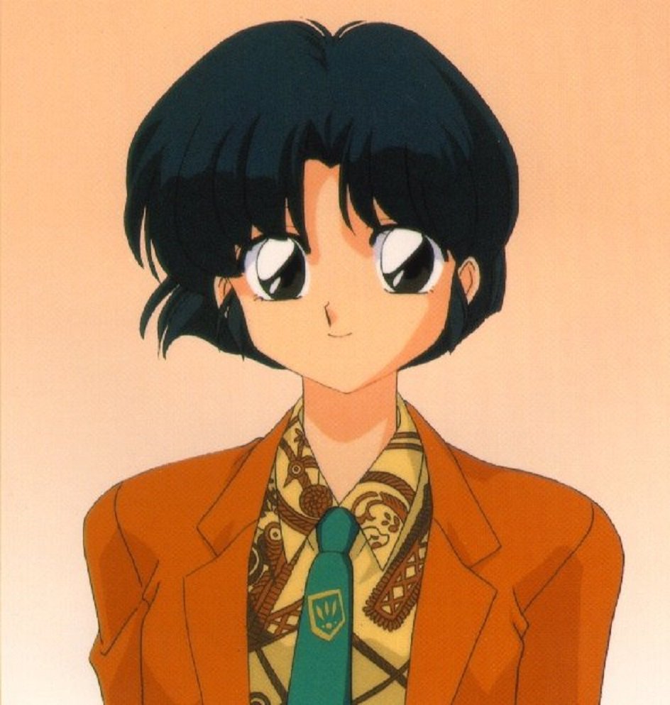 1990s_(style) 1girl black_hair brown_eyes dress_shirt formal nakajima_atsuko necktie official_art ranma_1/2 retro_artstyle scan scan_artifacts shirt short_hair simple_background smile solo suit suit_jacket tendou_akane upper_body