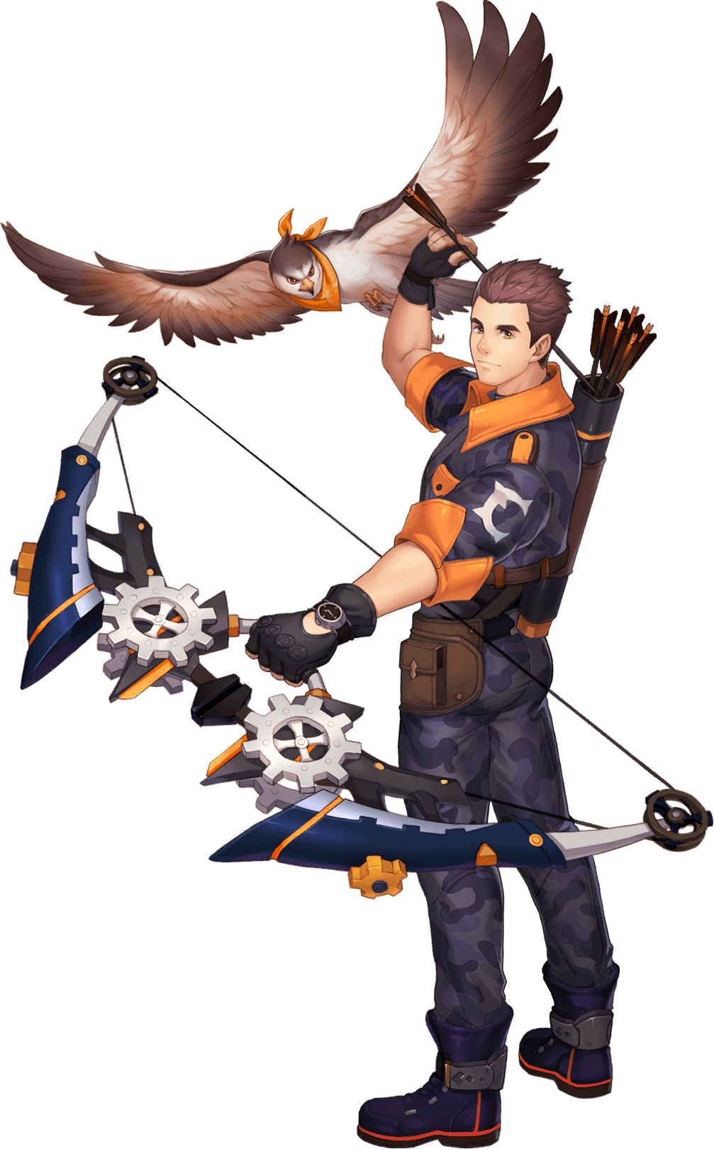 1boy arrow_(projectile) artist_request ass bird bow_(weapon) brown_hair camouflage camouflage_jacket camouflage_pants eagle eddie_(gyee) gyee highres holding holding_weapon jacket lying male_focus official_alternate_costume official_art on_back pants short_hair smile solo weapon