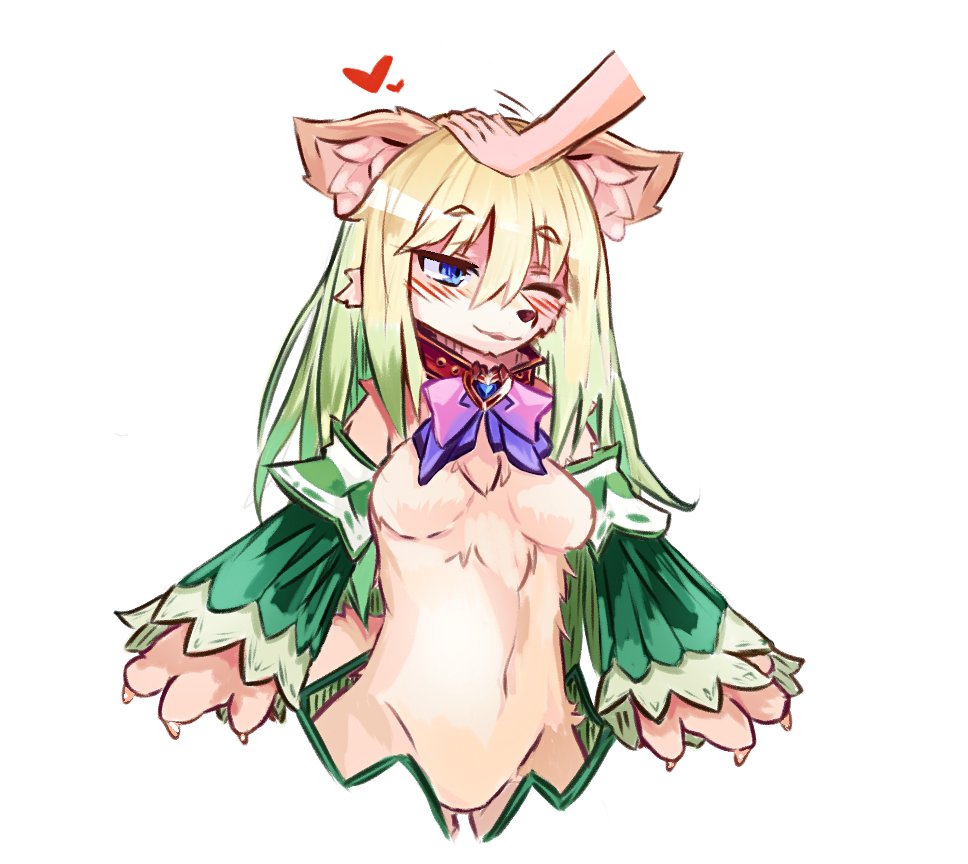 1girl :3 animal_ear_fluff animal_ears blonde_hair blue_eyes blush breasts brown_fur claws collar cu_sith_(monster_girl_encyclopedia) dog_ears dog_girl eyebrows_visible_through_hair furry gradient_hair green_hair hair_between_eyes happy heart long_hair medium_breasts monster_girl_encyclopedia multicolored_hair nuggets_(cokekock) one_eye_closed petting simple_background smile snout solo_focus white_background