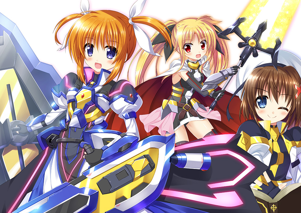 3girls ;) armor armored_dress bardiche beret black_dress black_gloves black_ribbon blue_eyes cape commentary_request dress endori fingerless_gloves fortress_(nanoha) gauntlets gloves hair_ornament hair_ribbon hat holding holding_weapon jacket juliet_sleeves long_dress long_hair long_sleeves looking_at_viewer lyrical_nanoha magical_girl mahou_shoujo_lyrical_nanoha mahou_shoujo_lyrical_nanoha_reflection multiple_girls one_eye_closed open_mouth partial_commentary puffy_sleeves red_cape ribbon short_dress short_hair sidelocks simple_background sleeveless sleeveless_dress smile standing strike_cannon takamachi_nanoha tome_of_the_night_sky twintails two-sided_cape two-sided_fabric violet_eyes weapon white_background white_cape white_dress white_headwear white_jacket white_ribbon x_hair_ornament yagami_hayate
