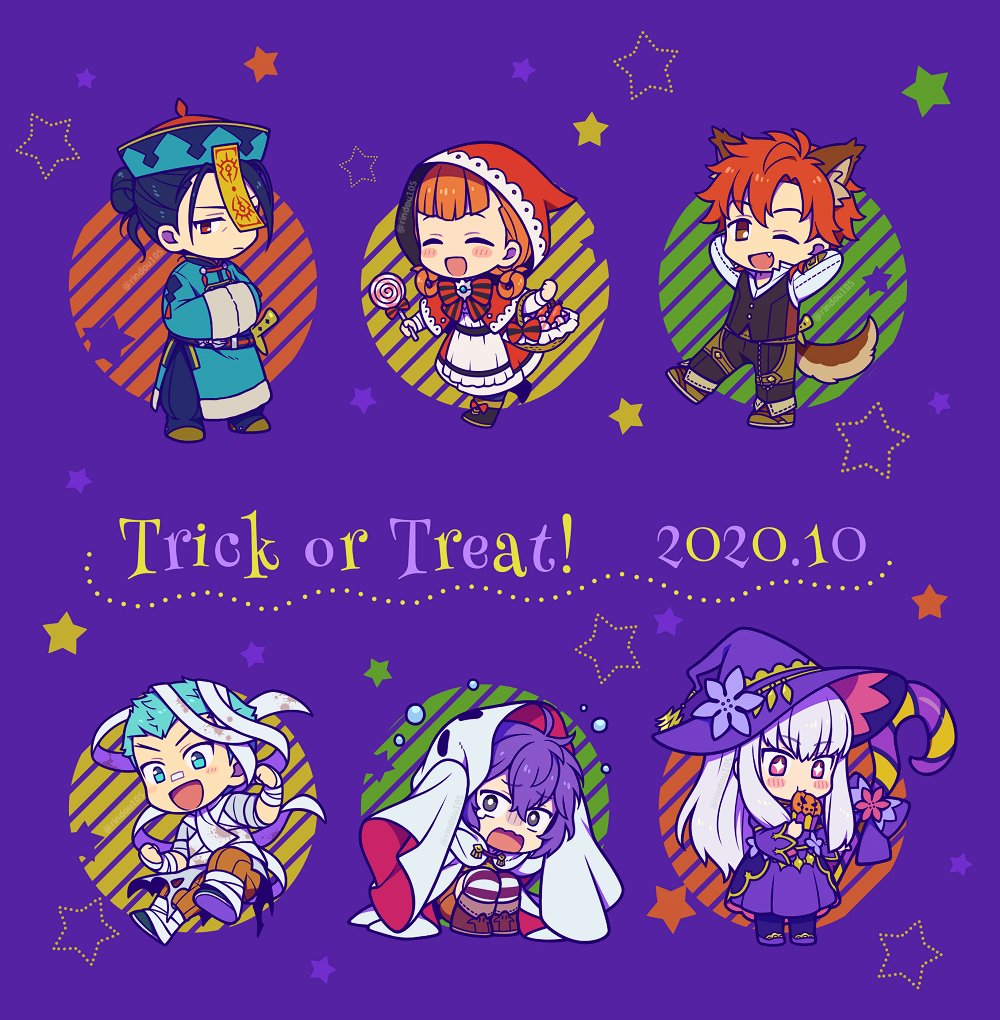 3boys 3girls annette_fantine_dominic bandages basket bernadetta_von_varley black_hair blue_eyes blue_hair candy caspar_von_bergliez chibi closed_eyes closed_mouth dress fang felix_hugo_fraldarius fire_emblem fire_emblem:_three_houses food grey_eyes halloween_costume hat hiyori_(rindou66) holding hood hood_up lollipop long_hair long_sleeves lysithea_von_ordelia multiple_boys multiple_girls mummy_costume one_eye_closed open_mouth orange_hair pink_eyes purple_hair redhead short_hair sylvain_jose_gautier trick_or_treat twintails white_hair witch_hat