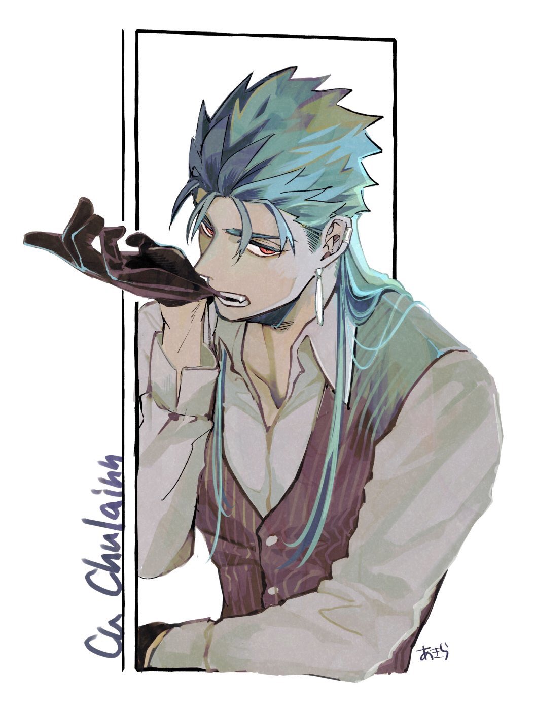 1boy akira_(nyaaspiece) alternate_costume angry biting blue_hair character_name collarbone collared_shirt cu_chulainn_(fate)_(all) cu_chulainn_(fate/grand_order) earrings fang fate/grand_order fate_(series) formal glove_biting gloves highres jewelry long_hair long_sleeves male_focus multiple_piercings open_mouth red_eyes shirt signature simple_background solo spiky_hair vest