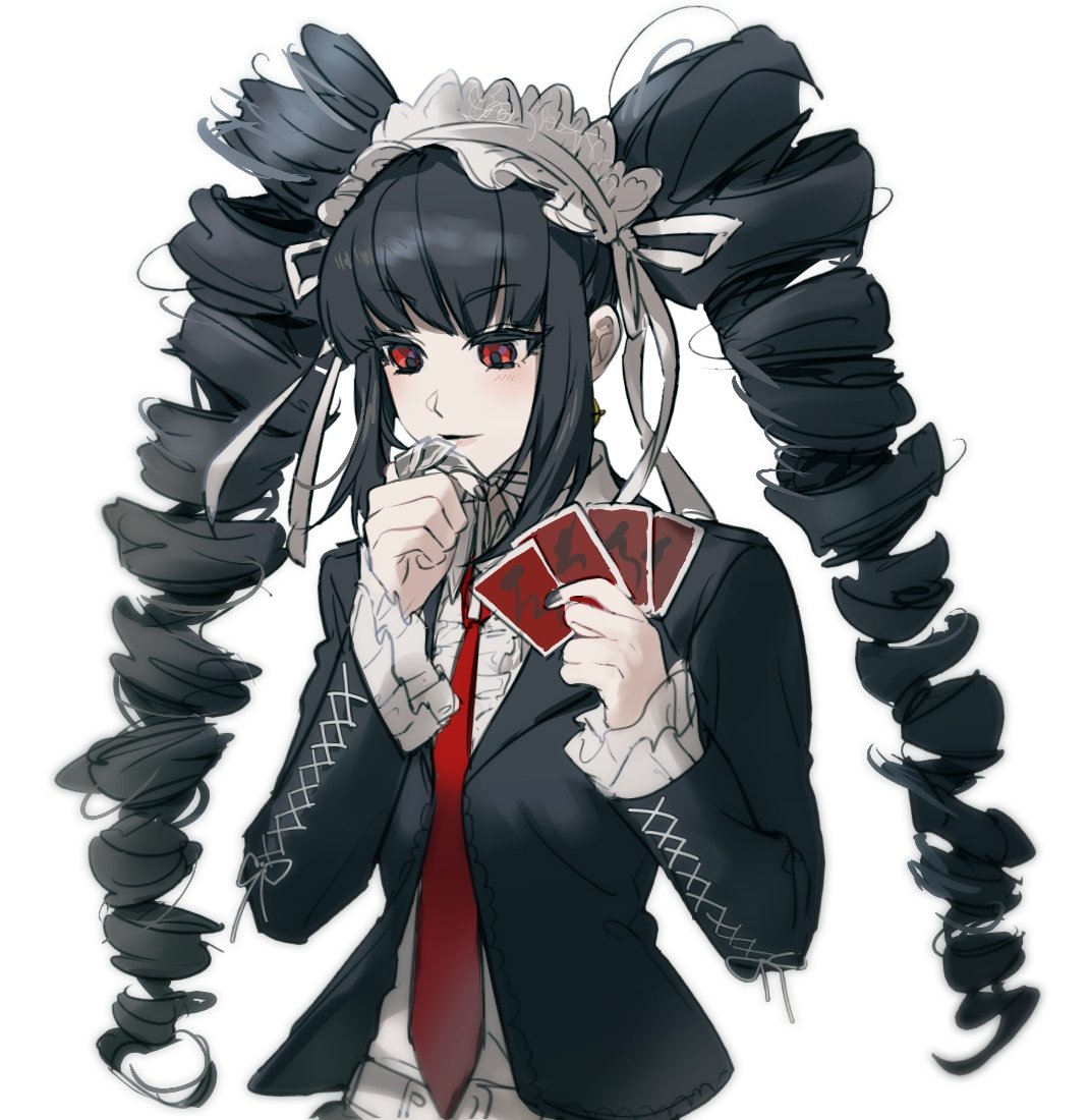 1girl bangs black_hair black_jacket black_nails blunt_bangs blush bonnet card celestia_ludenberg commentary_request dangan_ronpa:_trigger_happy_havoc dangan_ronpa_(series) drill_hair eyebrows_visible_through_hair gothic_lolita grey_background holding holding_card jacket lolita_fashion long_hair long_sleeves malga_(milky721) necktie open_clothes open_jacket parted_lips red_eyes red_neckwear shirt simple_background solo twin_drills upper_body white_shirt