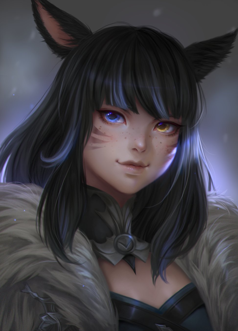1girl animal_ears bangs black_hair cat_ears close-up commission facial_mark final_fantasy final_fantasy_xiv freckles heterochromia highres lianeige lips long_hair looking_at_viewer miqo'te solo whisker_markings