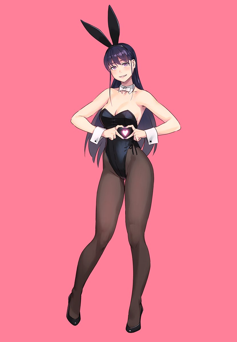 1girl animal_ears bangs bare_arms bare_shoulders black_bow black_hair black_legwear black_leotard black_neckwear blush bow bowtie breasts bunny_girl commentary_request detached_collar eyebrows_visible_through_hair fake_animal_ears full_body groin hair_ornament hairclip heart heart_hands highleg highres leotard long_hair looking_at_viewer medium_breasts original pantyhose parted_lips pink_background playboy_bunny purple_hair rabbit_ears shoes simple_background smile solo standing strapless strapless_leotard violet_eyes wrist_cuffs yuuji_(and)