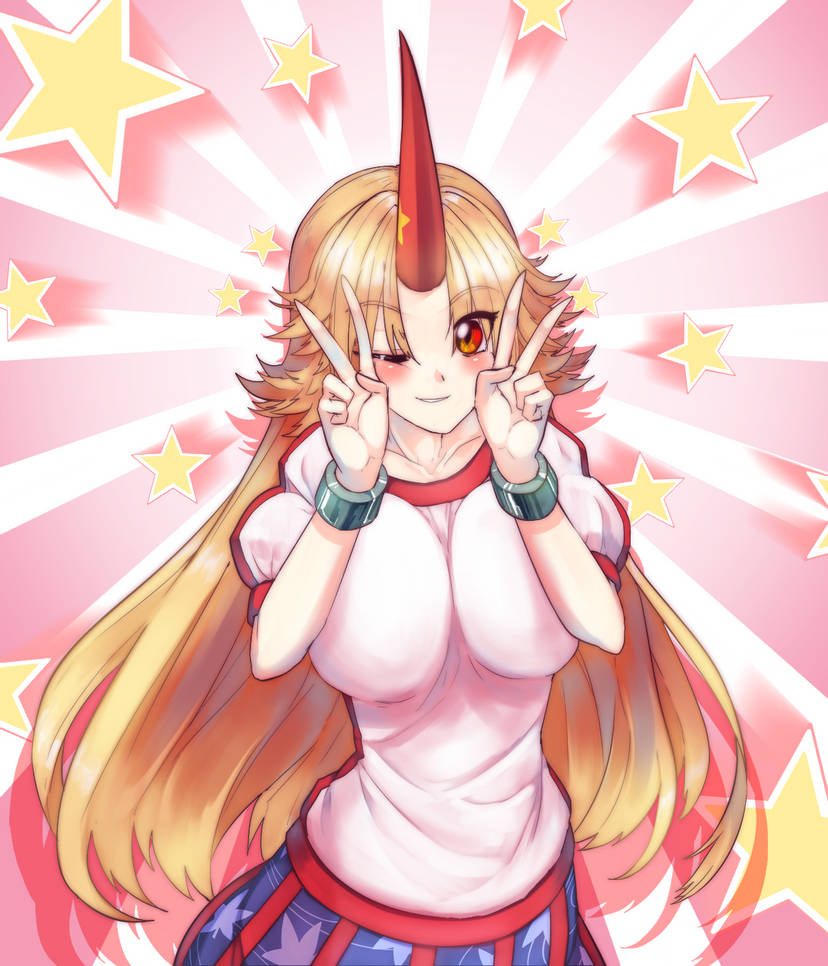 1girl ;) blonde_hair blue_skirt blush breasts double_v horns hoshiguma_yuugi large_breasts long_hair looking_at_viewer one_eye_closed oni oni_horns red_eyes red_horns short_sleeves simple_background single_horn skirt smile solo star_(symbol) starry_background sunyup touhou upper_body v