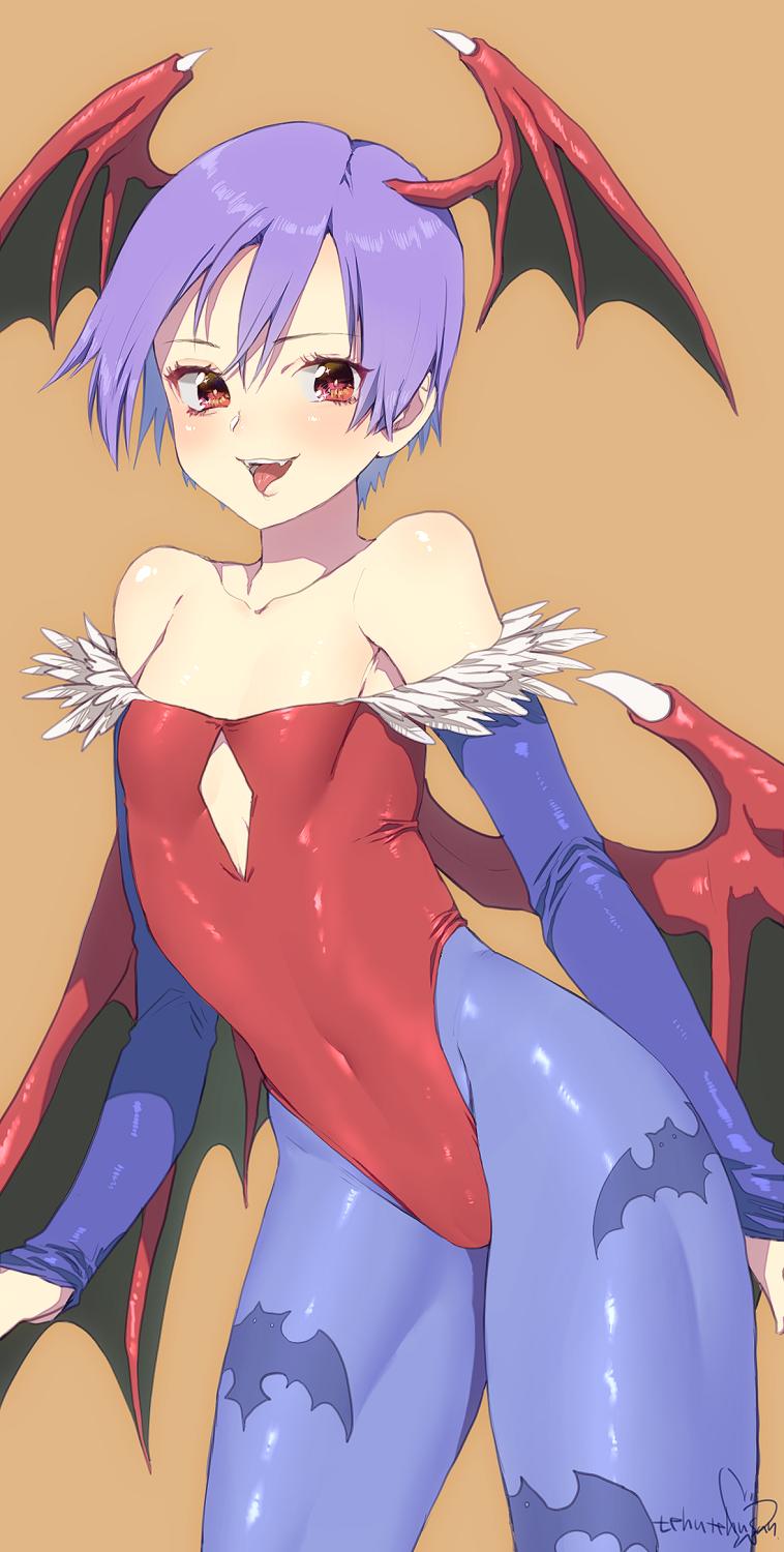 1girl animal_print bare_shoulders bat_print bat_wings bridal_gauntlets demon_girl flat_chest gloves head_wings highres leotard lilith_aensland looking_at_viewer murata_tefu pantyhose print_legwear purple_hair red_eyes red_leotard short_hair simple_background smile solo vampire_(game) wings