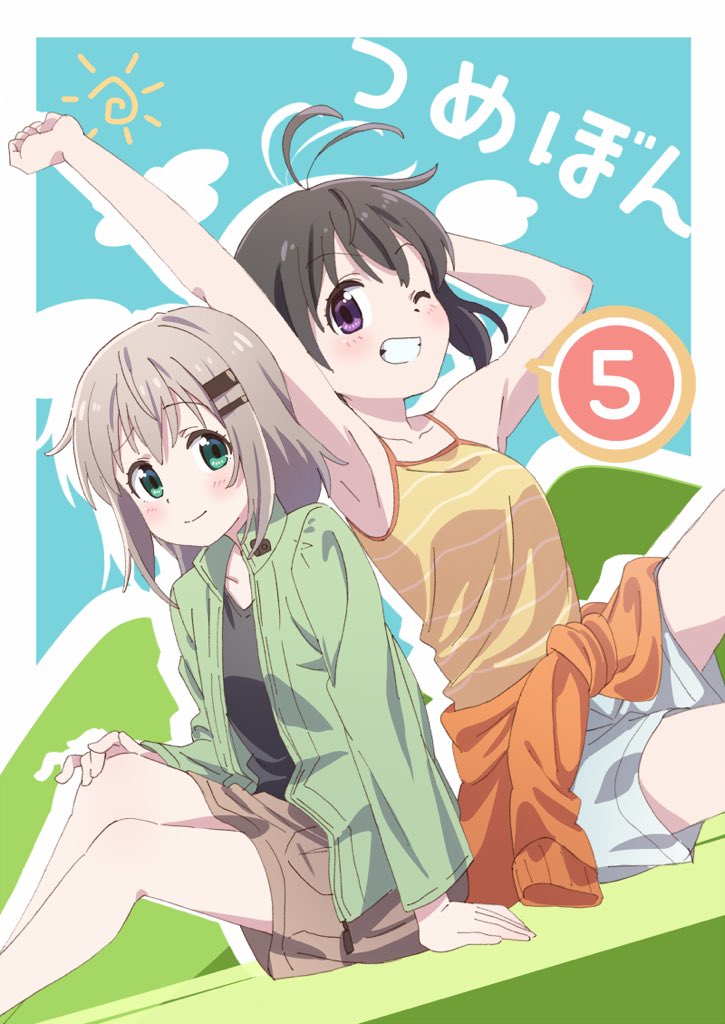 2girls ;) antenna_hair arm_behind_head arm_support arm_up armpits bangs bare_arms bare_shoulders black_hair black_shirt blue_sky blush brown_shorts casual clenched_hand closed_mouth clothes_around_waist clouds collarbone commentary_request eyebrows_visible_through_hair feet_out_of_frame green_eyes green_jacket grin hair_ornament hairclip happy jacket kaaaaaappe kuraue_hinata light_brown_hair long_sleeves looking_at_viewer mountain multiple_girls number one_eye_closed open_clothes open_jacket orange_sweater outstretched_arm shirt short_hair shorts sitting sky sleeveless sleeveless_shirt smile spaghetti_strap speech_bubble spoken_number stretch striped striped_shirt sun_(symbol) sweater sweater_around_waist teeth translation_request violet_eyes white_shorts yama_no_susume yellow_shirt yukimura_aoi