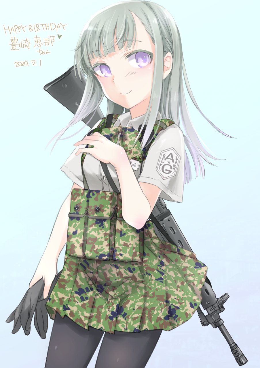 1girl aohashi_ame assault_rifle black_legwear blue_background bow bowtie camouflage camouflage_neckwear camouflage_skirt carrying character_name closed_mouth commentary_request dated dress_shirt emblem english_text eyebrows_visible_through_hair gloves green_neckwear green_skirt grey_hair gun hand_on_own_chest happy_birthday harness highres holding holding_clothes holding_gloves little_armory looking_at_viewer pantyhose rifle shirt skirt smile solo standing toyosaki_ena violet_eyes weapon weapon_request white_shirt wing_collar