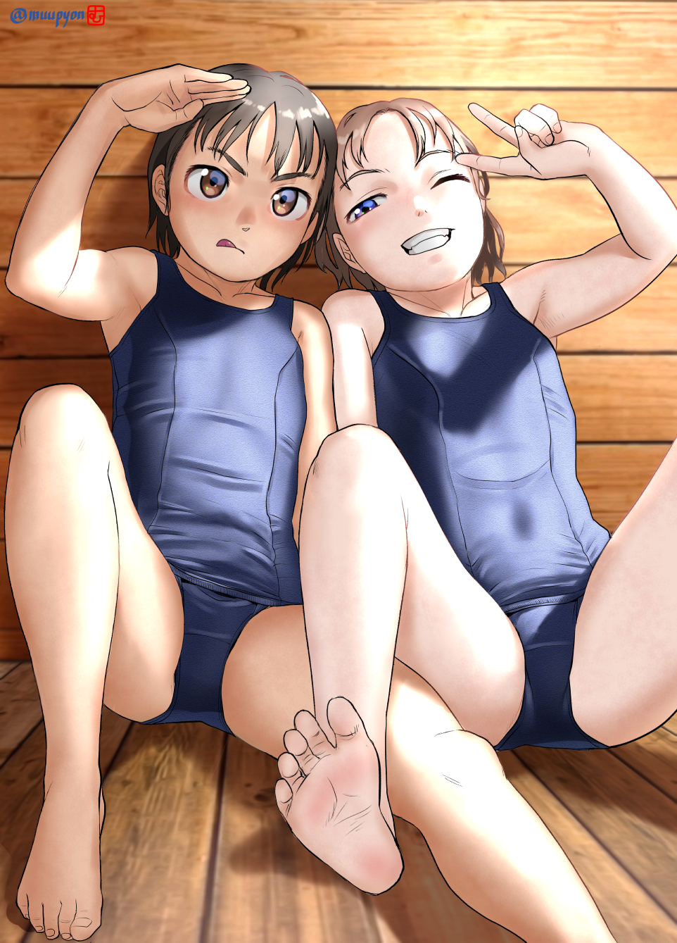2girls barefoot black_hair blue_eyes blue_swimsuit breasts brown_eyes brown_hair covered_navel flat_chest highres looking_at_viewer mu-pyon multiple_girls one_eye_closed original school_swimsuit shading_eyes short_hair sitting small_breasts soles swimsuit toes tongue tongue_out wooden_floor wooden_wall