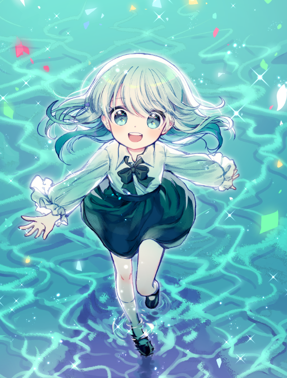 1girl :d aqua_eyes aqua_hair aqua_theme long_sleeves mary_janes mechuragi neck_ribbon ocean open_mouth original ribbon ripples running shirt shoes skirt smile socks solo water