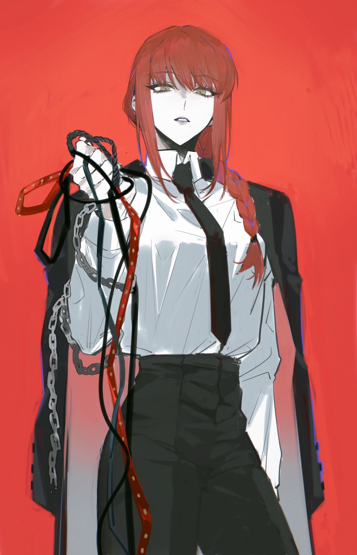 1girl bangs black_neckwear black_pants braid braided_ponytail brown_hair business_suit chain chainsaw_man collared_shirt expressionless eyebrows_visible_through_hair femdom formal highres inuyama_(inuhill) jacket jacket_on_shoulders jacket_removed leash leash_pull long_hair long_sleeves looking_at_viewer makima_(chainsaw_man) necktie pants pov red_background ringed_eyes shirt shirt_tucked_in solo suit white_shirt yellow_eyes