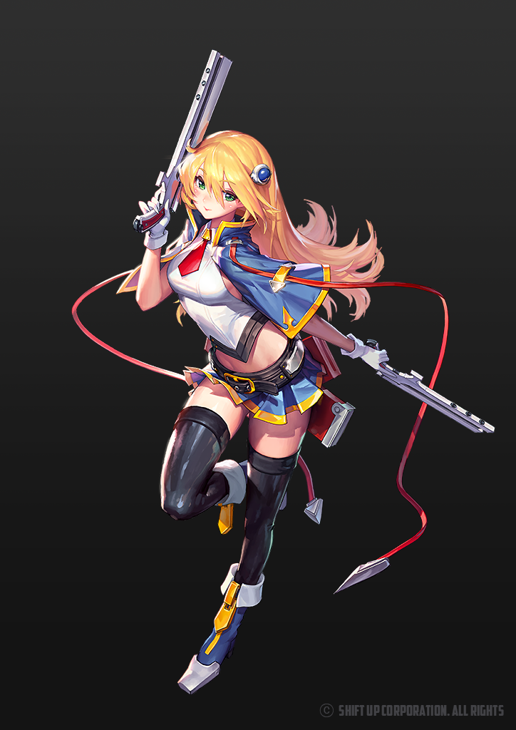 1girl bangs black_background black_legwear blazblue blonde_hair bolverk boots breasts firearm from_side gloves green_eyes gun hair_between_eyes hair_ornament hairclip holding holding_weapon long_hair looking_at_viewer noel_vermillion parted_lips pleated_skirt punc_p sideboob simple_background skirt sleeveless small_breasts solo thigh-highs weapon white_gloves zettai_ryouiki