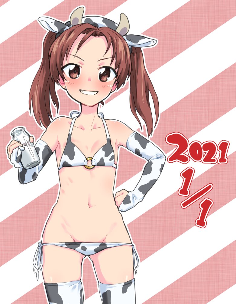 1girl 2021 animal_ears animal_print bangs bikini blush bottle breasts brown_eyes brown_hair commentary cow_ears cow_horns cow_print cowboy_shot dated diagonal_stripes elbow_gloves fake_animal_ears fake_horns girls_und_panzer gloves grin groin half_gloves hand_on_hip holding holding_bottle horns kadotani_anzu long_hair looking_at_viewer lowleg lowleg_bikini milk_bottle monolith_(suibou_souko) new_year o-ring o-ring_bikini parted_bangs print_bikini print_gloves print_legwear side-tie_bikini small_breasts smile solo standing striped striped_background swimsuit thigh-highs twintails white_bikini white_gloves white_legwear