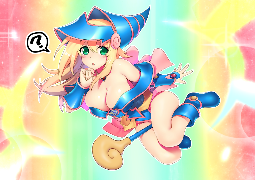 1girl ? bare_shoulders between_thighs blonde_hair blue_footwear blue_headwear blush blush_stickers breasts d.chikusou dark_magician_girl duel_monster eyebrows_visible_through_hair fingernails floating green_eyes hair_between_eyes hat long_hair off_shoulder outline solo sparkle speech_bubble wand white_outline yu-gi-oh!