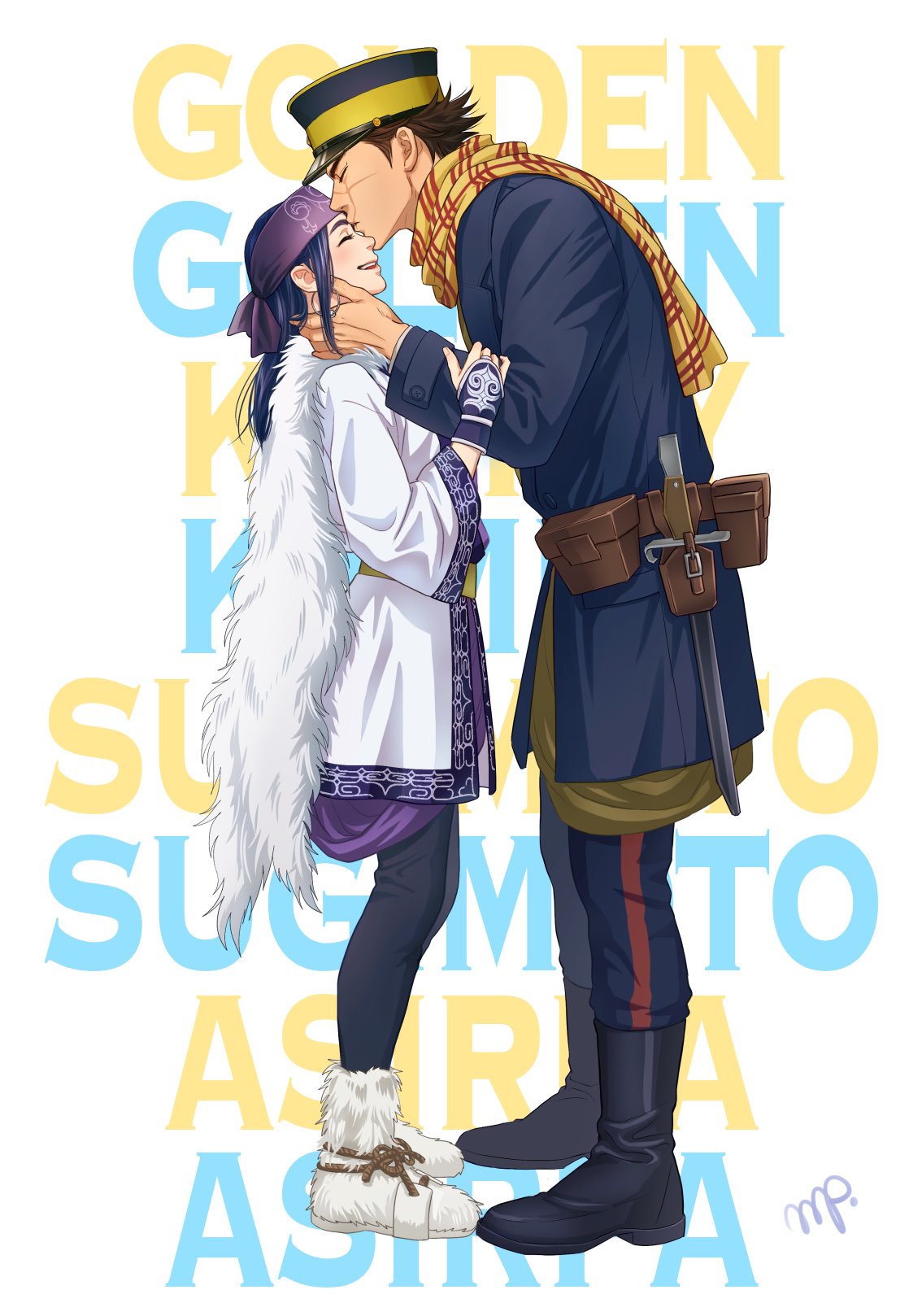 1boy 1girl ainu ainu_clothes asirpa background_text bandana bayonet belt black_footwear black_pants blue_coat blue_hair blue_pants blush boots brown_belt brown_hair cape closed_eyes coat commentary_request copyright_name couple earrings forehead_kiss from_side full_body fur_cape golden_kamuy grey_headwear hands_on_another's_neck hat hetero highres holding_another's_arm hoop_earrings imperial_japanese_army jewelry kepi kiss knife leather_belt long_hair long_sleeves military military_hat military_uniform mprichin pants parted_lips pouch purple_bandana scar scar_on_cheek scar_on_face scar_on_mouth scar_on_nose scarf sheath sheathed short_hair sidelocks signature simple_background smile spiky_hair standing sugimoto_saichi two-tone_headwear uniform weapon white_background white_cape white_footwear wide_sleeves yellow_headwear yellow_scarf