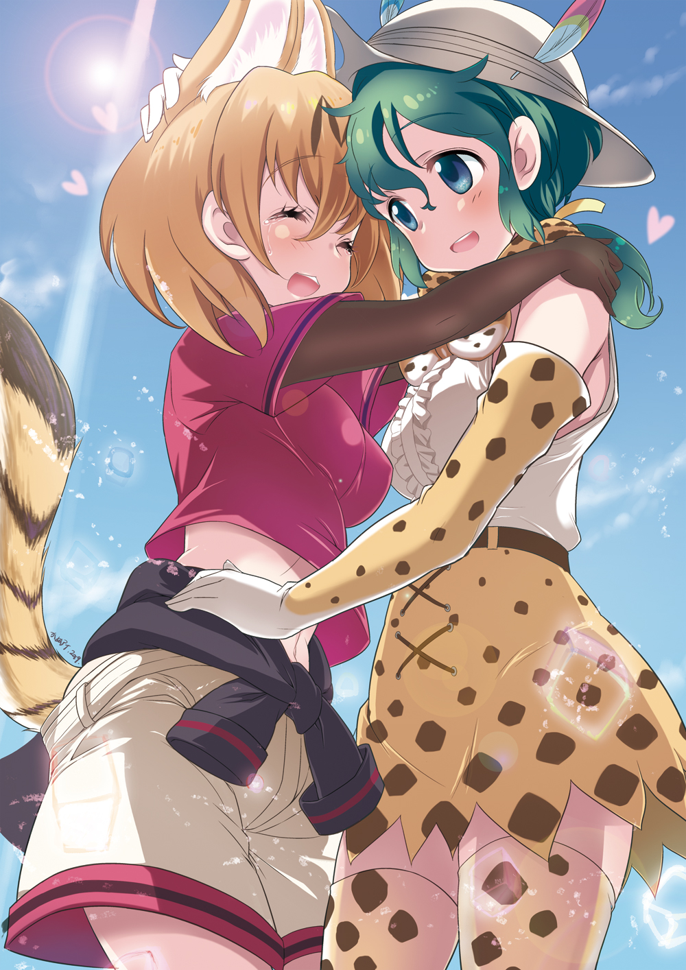 2girls animal_ears bare_shoulders belt black_gloves black_jacket blonde_hair blue_eyes blush bow bowtie center_frills closed_eyes clothes_around_waist commentary_request cosplay costume_switch cowboy_shot elbow_gloves extra_ears frills gloves green_hair hat_feather helmet high-waist_skirt highres hug jacket jacket_around_waist kaban_(kemono_friends) kanou_aira kemono_friends multiple_girls no_legwear pith_helmet print_bow print_gloves print_legwear print_neckwear print_skirt protected_link red_shirt serval_(kemono_friends) serval_ears serval_print serval_tail shirt short_hair short_sleeves shorts skirt sleeveless t-shirt tail tears thigh-highs white_shirt zettai_ryouiki