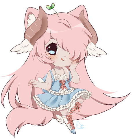1girl :p animal_ears backpack blue_eyes blush boots chibi cutesu dress hair_over_one_eye hand_on_own_cheek horns leaf_on_head madoka_(sinamuna) original pink_hair plant_on_head solo sprout sprout_on_head symbol-shaped_pupils tail tongue wing_ears winged_backpack winged_boots winged_footwear wings