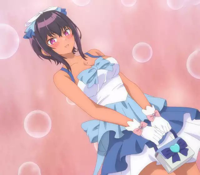 1girl anime bag black_hair blue_bow blue_dress blush breasts bubble cleavage dark-skinned_female dark_skin gloves heart-shaped_lock holding_bag konbu_wakame lilith_(saikin_yatotta_maid_ga_ayashii) maid minidress open_mouth pink_background saikin_yatotta_maid_ga_ayashii sleeveless_minidress sleveless_dress small_bag solo violet_eyes woman